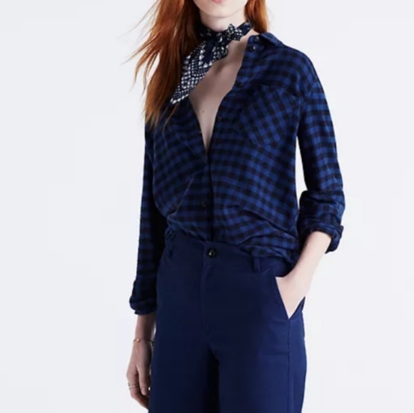 Madewell Flannel Slim Ex Boyfriend Shirt Size Extra Small in Blue and Black - Picture 1 of 16